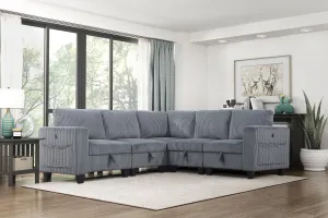 5-Piece Modular Sectional with Storage Seats, Side Pockets, Charging Ports Dark Gray Corduroy Fabric Modern Living Room Sectional Couch Solid Wood Furniture