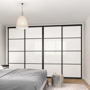 Curve Brushed Black Frame 4 Door White Glass Sliding Wardrobe Kit