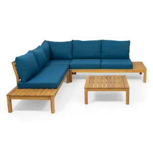 Vashti Outdoor 5 Seater V Shaped Acacia Wood Sectional Sofa Set with Cushions